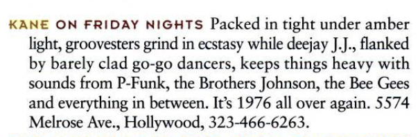 Los Angeles Magazine blurb titled Kane on Friday Nights naming deejay J.J.