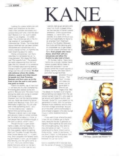 Kane venue profile describing the club as eclectic, loungy, and intimate