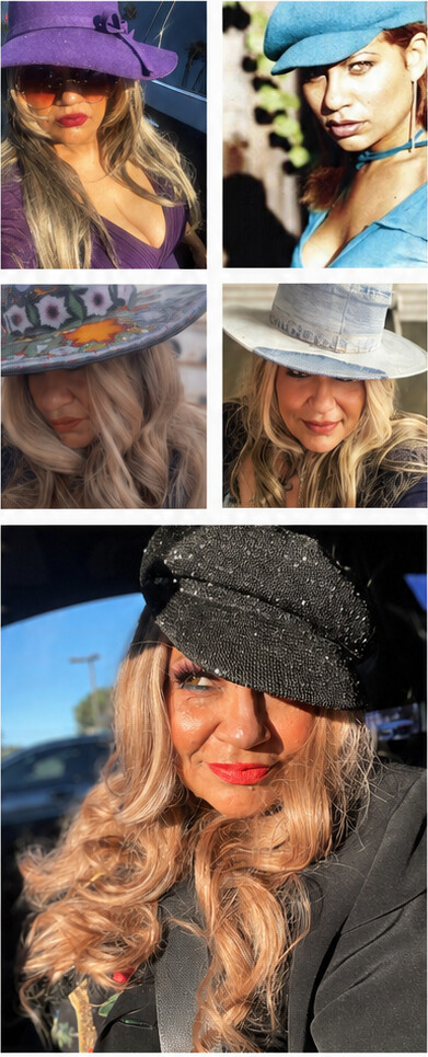 Jen X through the years wearing purple, blue, denim, printed, and black hats